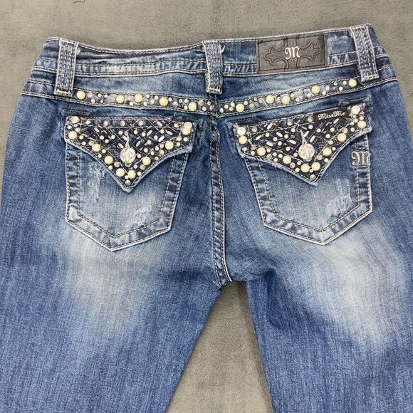 Miss Me Signature Skinny Jeans Womens 30 Blue Distressed Pearl Rhinestone Flap - Picture 6 of 16